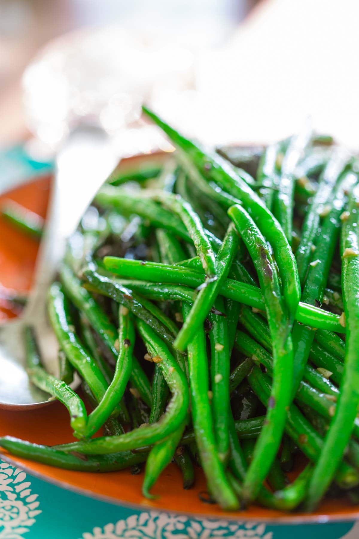 close-up of the green beans showing garlic and spice