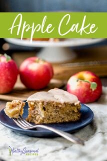 Apple Cake on a plate with a bite on a fork