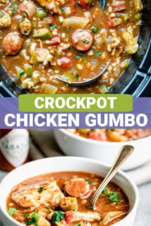 chicken gumbo in a crockpot and in a bowl with text overlay