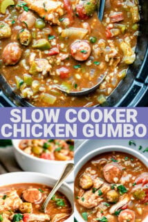 chicken gumbo in a crockpot and in a bowl with text overlay