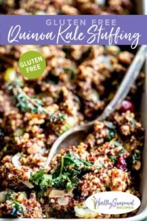 close up of a spoon in a casserole dish of stuffing with quinoa and kale