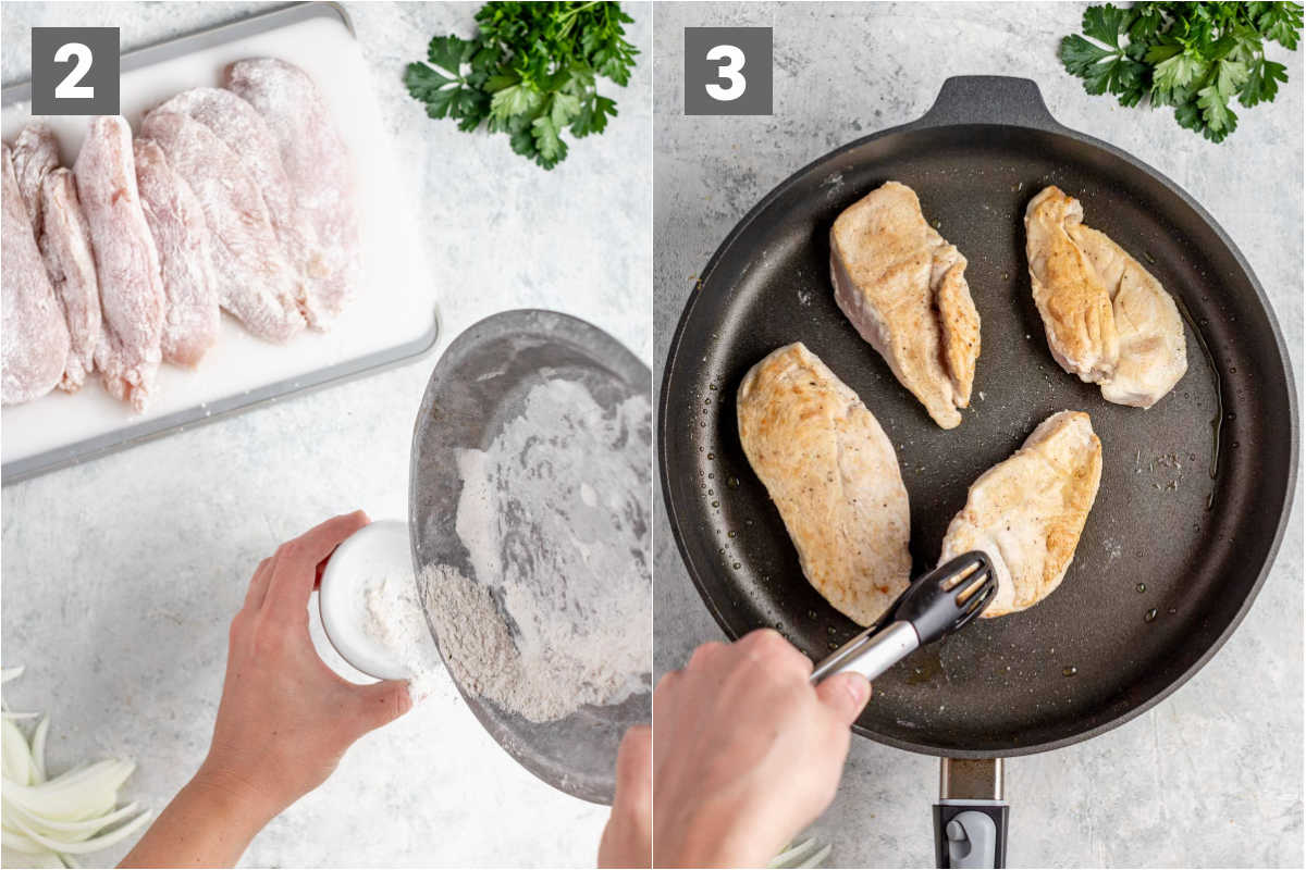 dredge the chicken and brown in a non-stick skillet