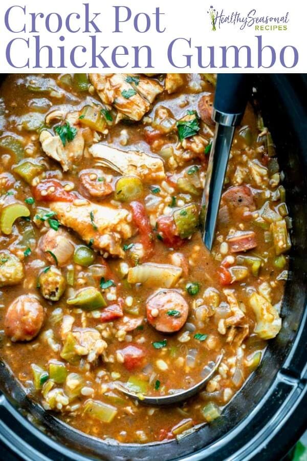 slow cooker with gumbo in it, text overlay