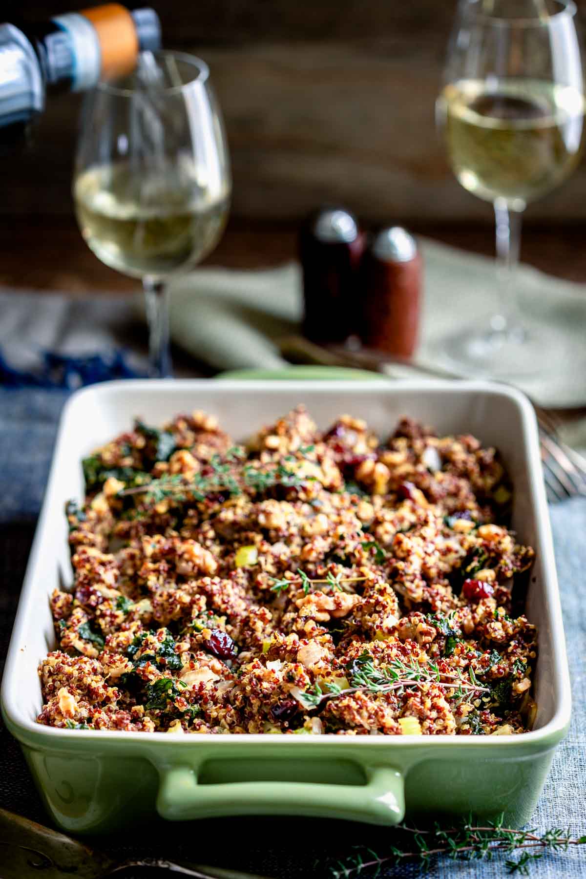 the stuffing with a wine being poured in the background