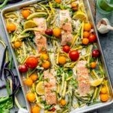 an overhead of sheet pan salmon and vegetables