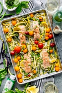 an overhead of sheet pan salmon and vegetables