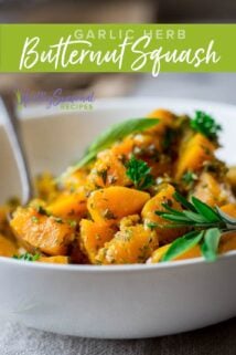 Butternut Squash chunks in a bowl with herbs