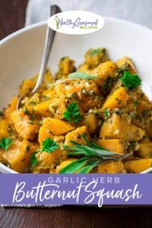 Butternut Squash chunks in a bowl with herbs