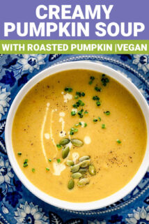 close up of a bowl of the soup with text overlay