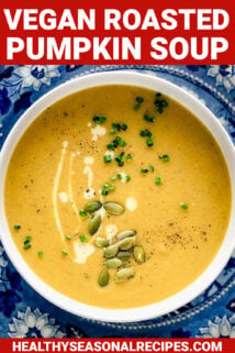 close up of a bowl of the soup with text overlay