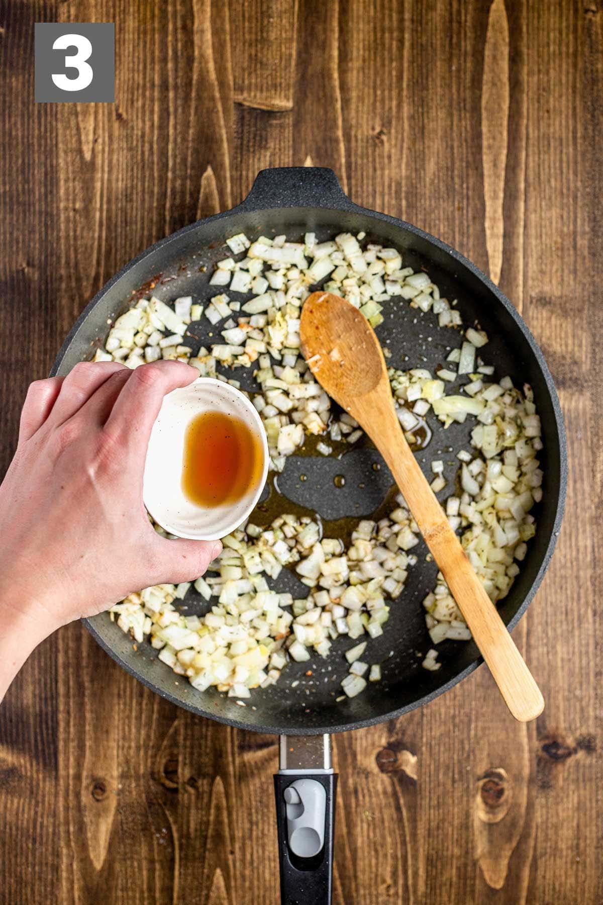cook the onions and garlic then deglaze with sherry