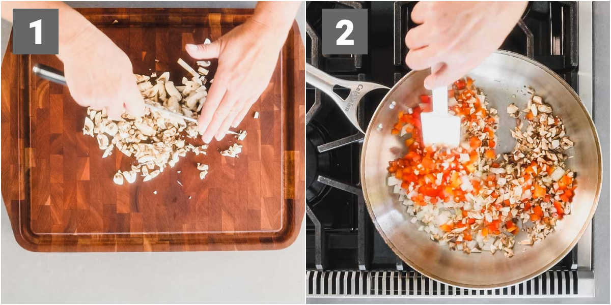 cutting the mushrooms and sauteeing the veggies