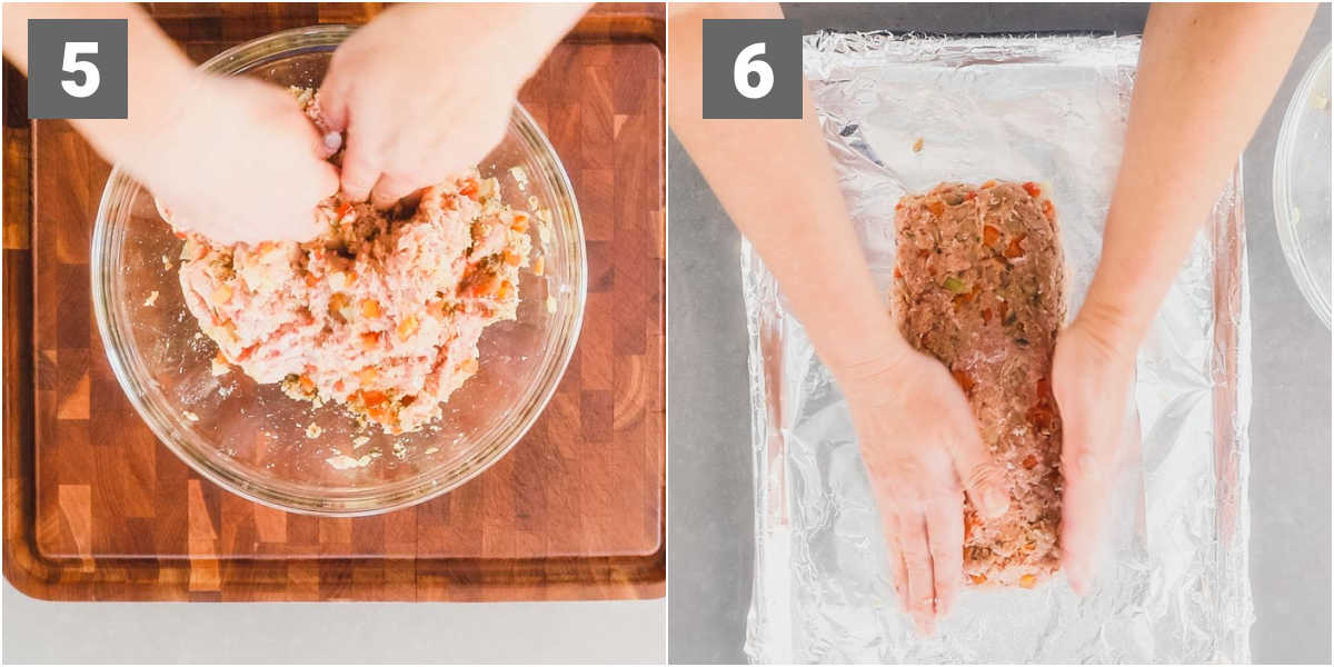 knead the meatloaf ingredients in a bowl and then shape into a loaf