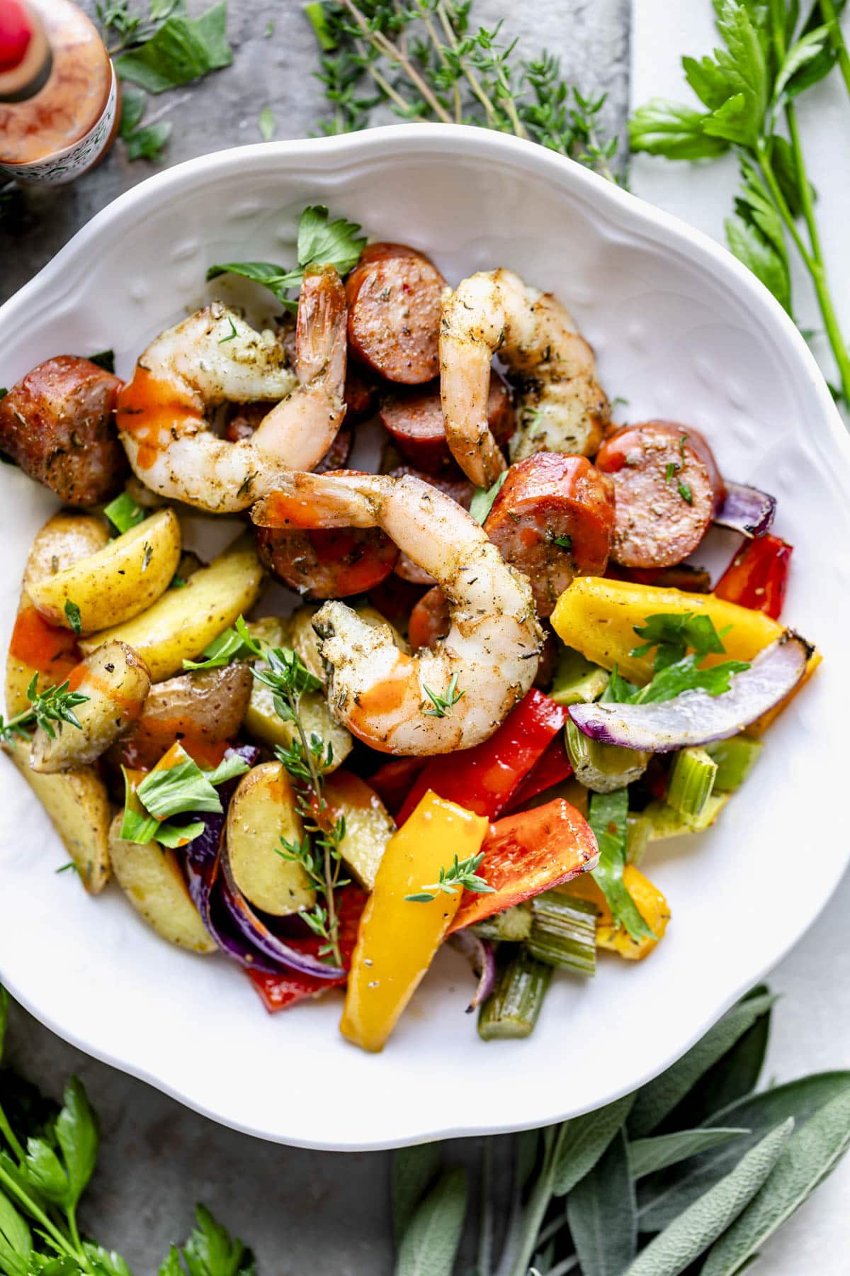 Shrimp and Sausage Sheetpan Dinner in a bowl