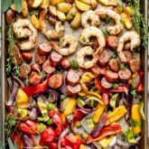 The recipe on the sheet pan from overhead