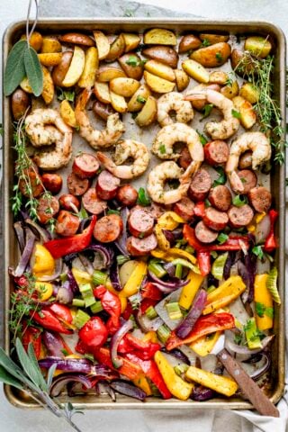 The recipe on the sheet pan from overhead