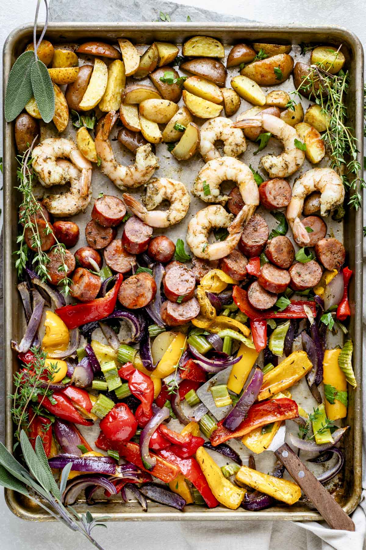 The recipe on the sheet pan from overhead