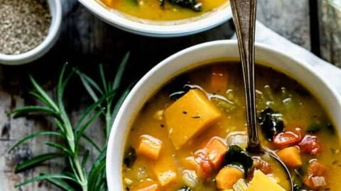 Vegan Vegetable soup in two white bowls
