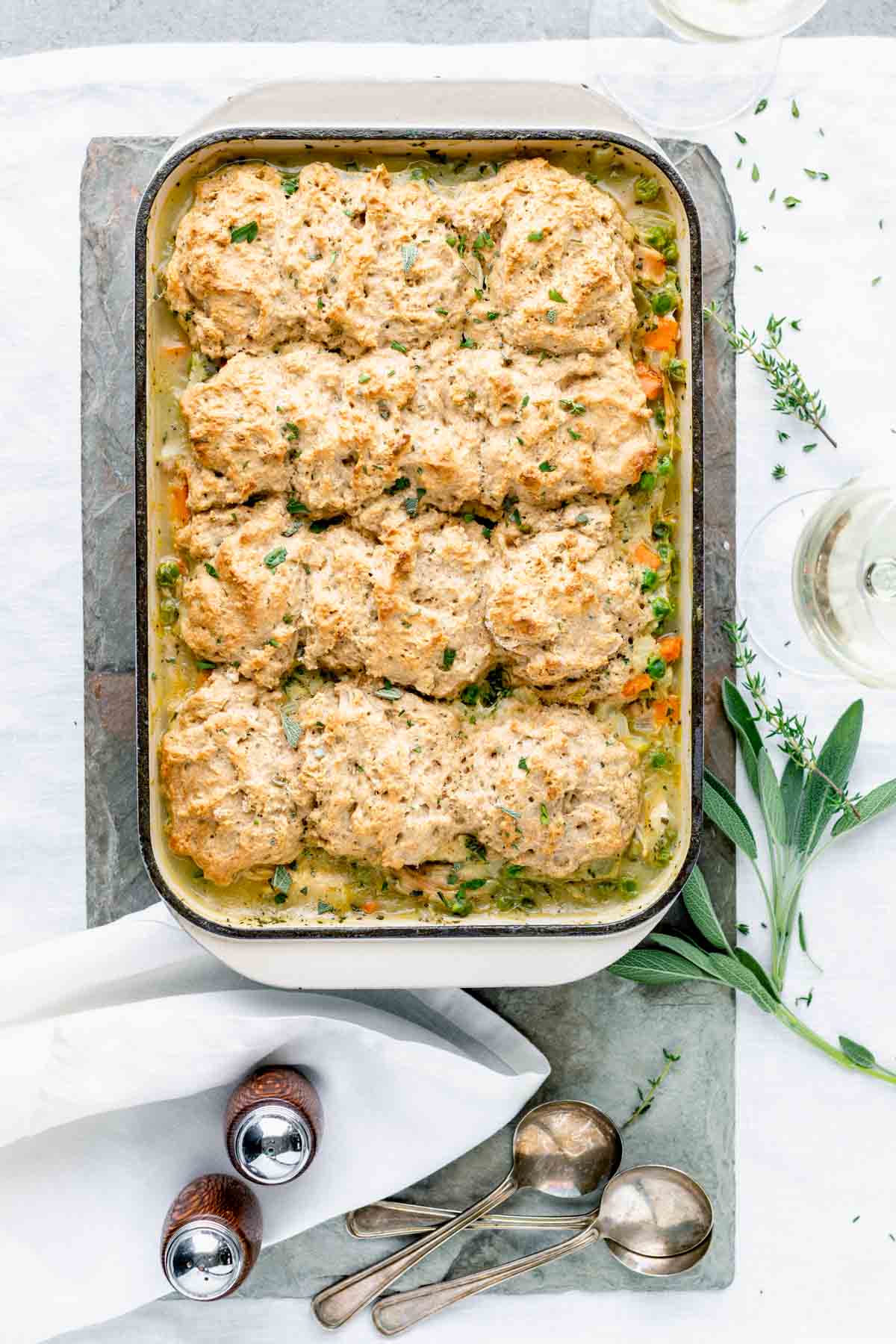 the baked casserole on a white table