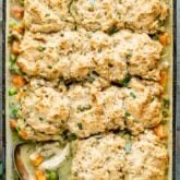 close up overhead of the chicken and biscuit casserole