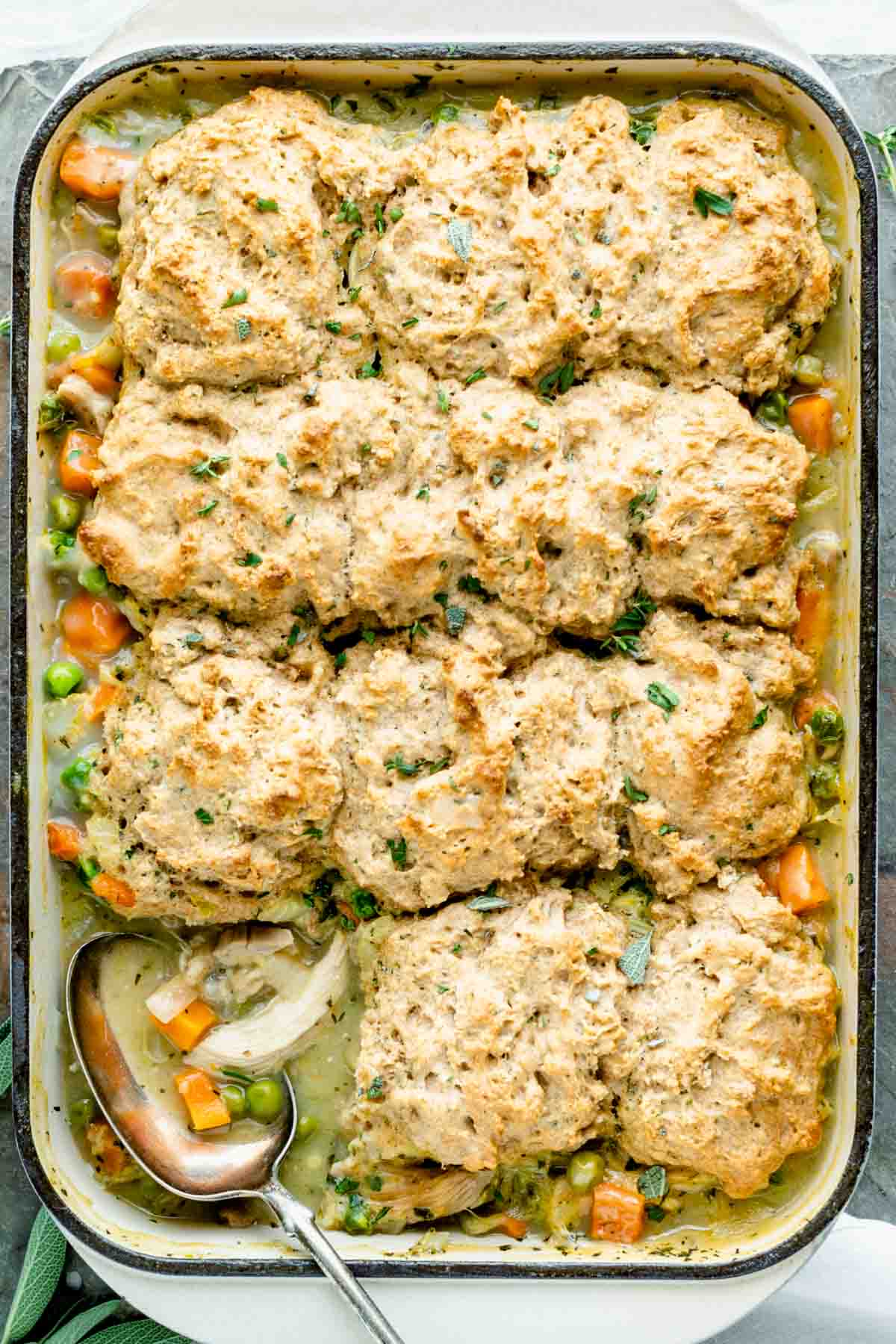 close up overhead of the chicken and biscuit casserole