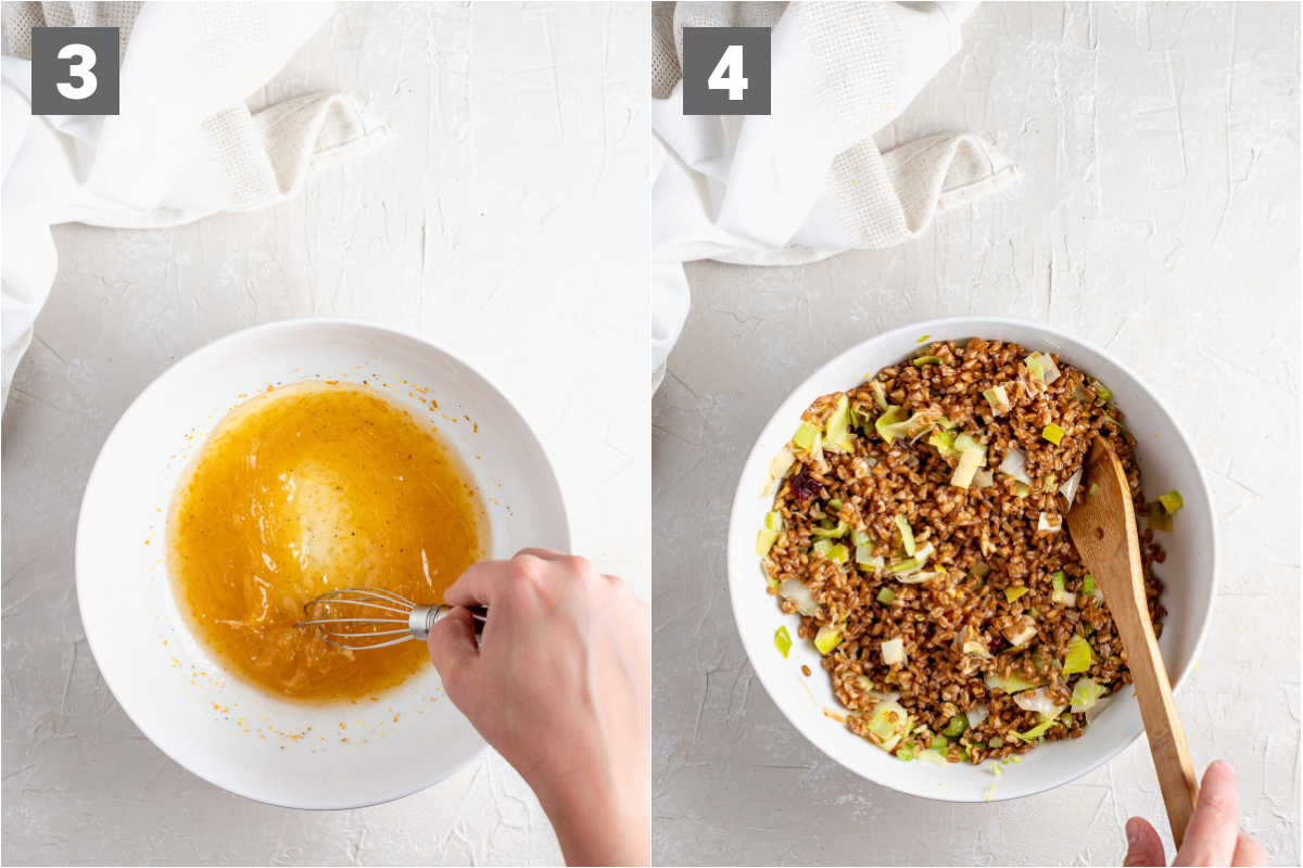 whisk the dressing and add the farro and leeks