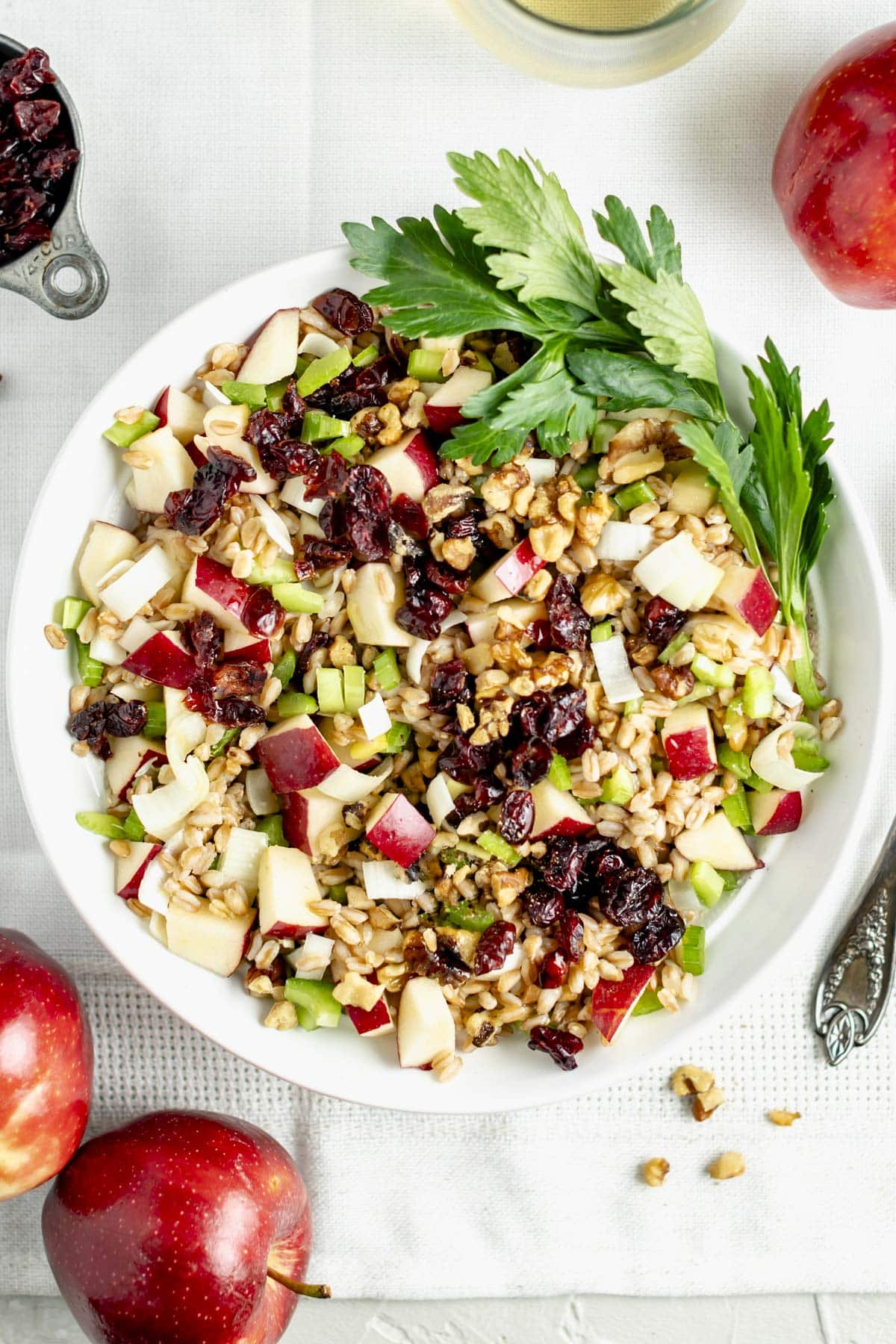 the salad after it is stirred together in a white bowl