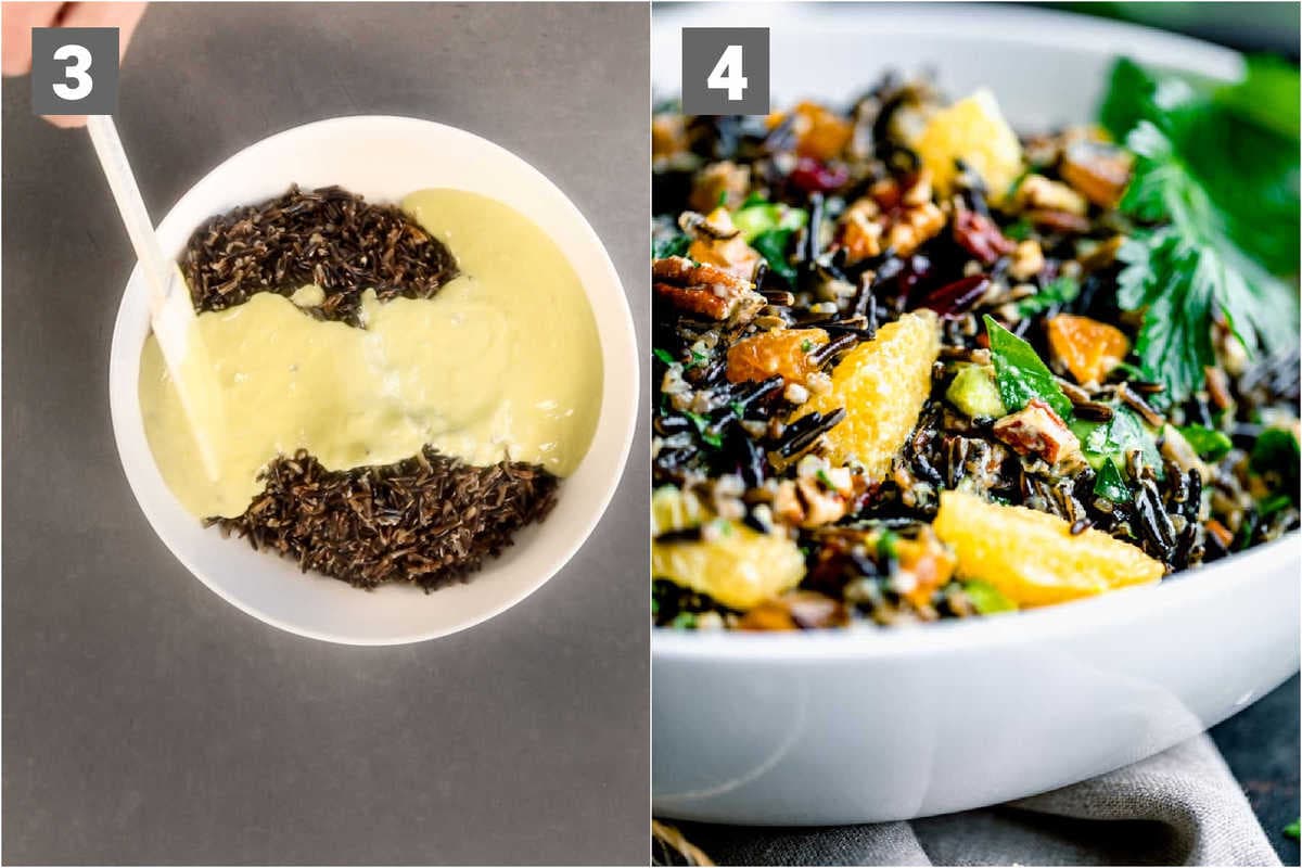mix the dressing into the rice while it is hot and let it cool. Then stir in the salad ingredients