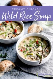 two bowls of soup with bread and text overlay