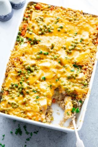 overhead of casserole with a scoop taken out