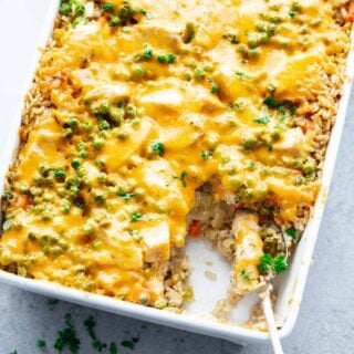 overhead of casserole with a scoop taken out