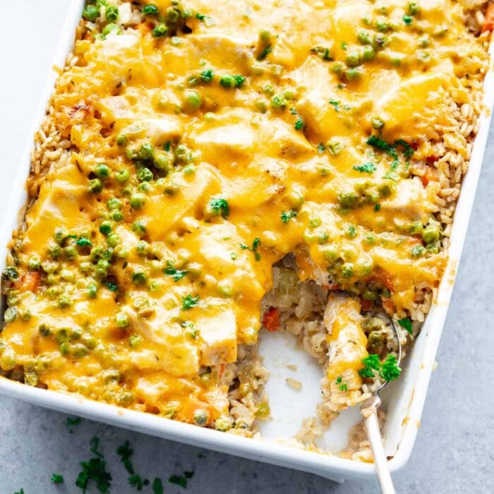 overhead of casserole with a scoop taken out