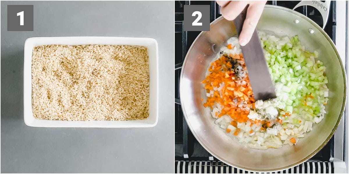 layer the raw instant rice in the bottom of the casserole. Saute the veggies