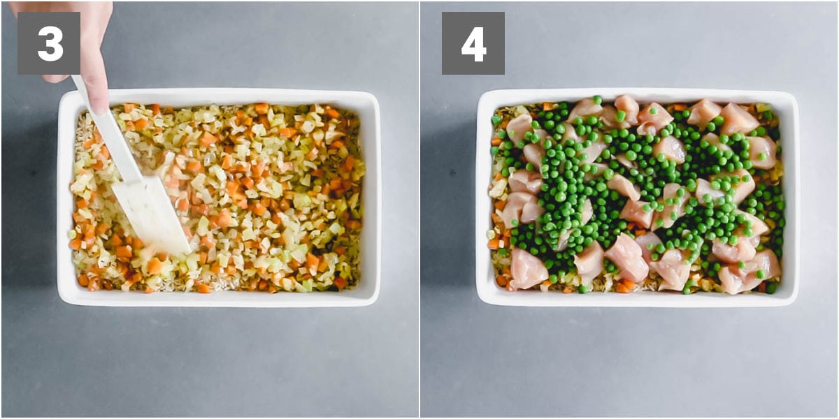 add sauteed veggies on top of the rice. Top them with chicken and peas