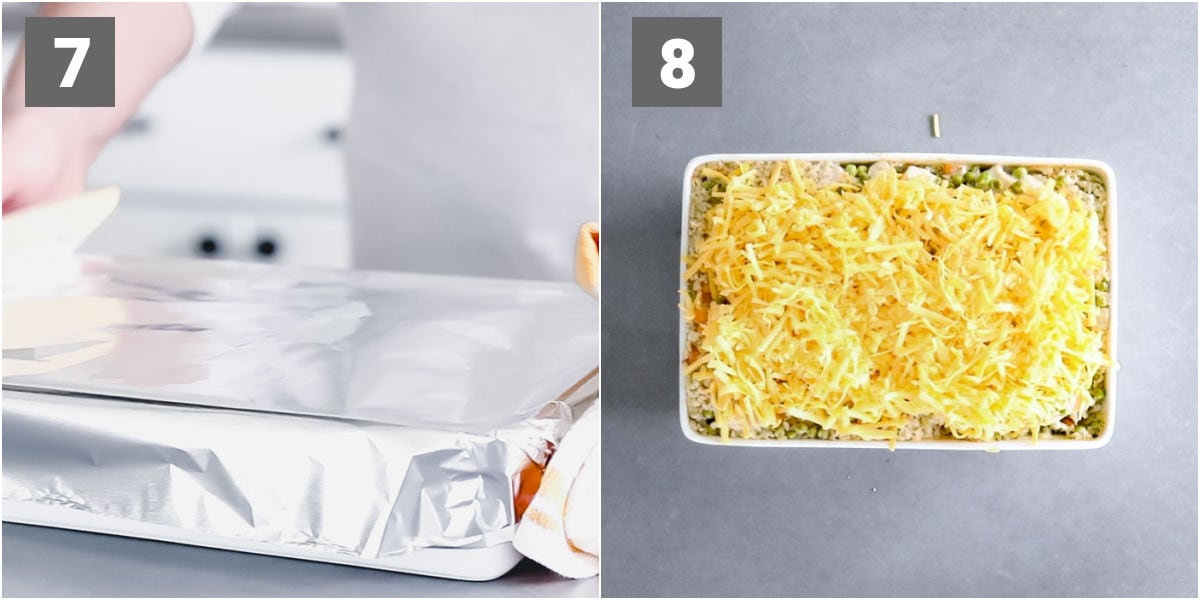 baking the casserole dish with foil and topping with cheesev