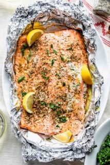 the salmon in foil packet with lemon on top