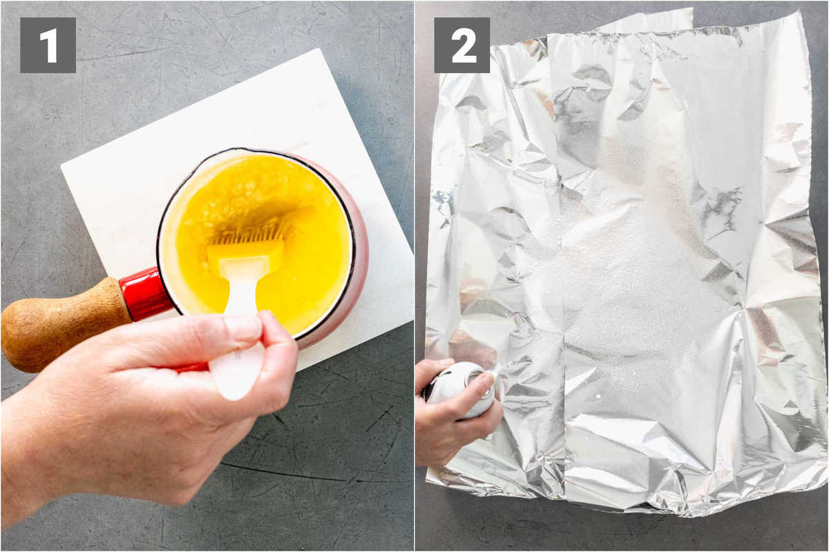 mixing butter and garlic, spraying the foil with cooking spray