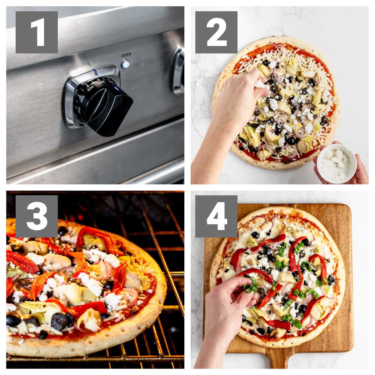 step by step photos of making and baking greek pizza