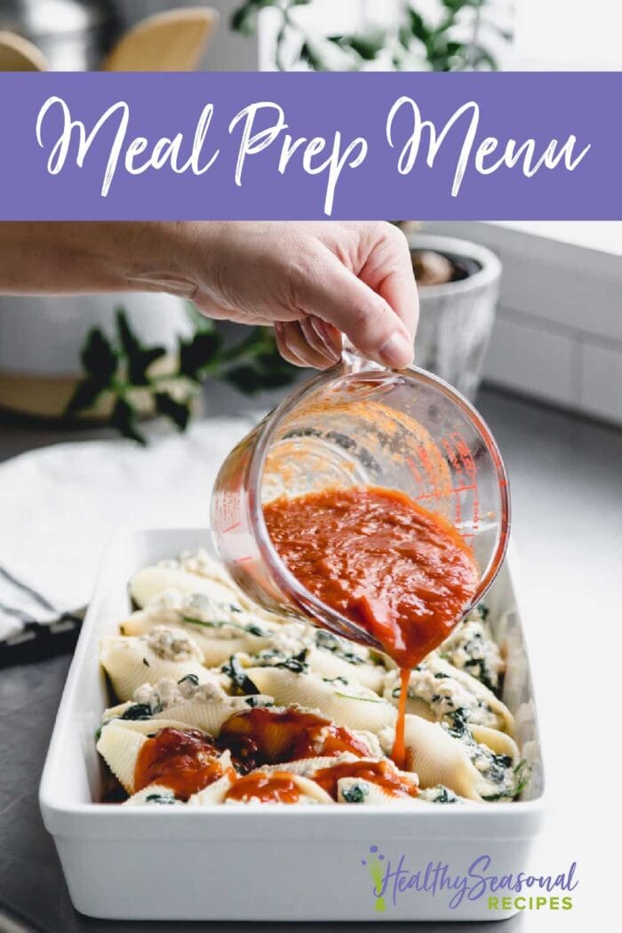 pouring tomato sauce over meal prep shells