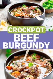 the beef stew in a black bowl from two slightly different side angles with text overlay in the center
