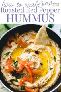 Roasted Red Pepper Hummus closeup with text