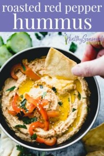 Roasted Red Pepper Hummus closeup with text