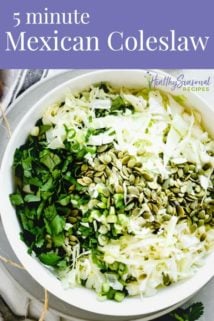 Overhead of serving bowl with coleslaw in it with text overlay