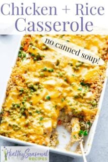 A close-up overhead of chicken and rice casserole with text overlay