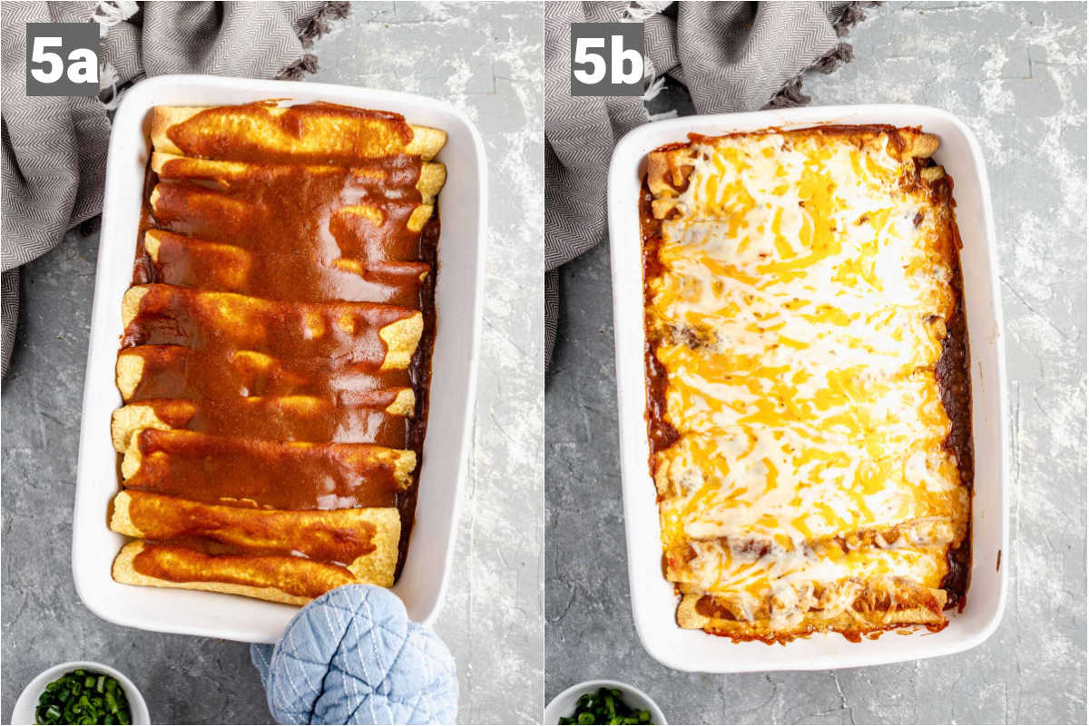 the enchiladas after baking without the cheese and then with