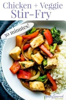 a closeup overhead photo of chicken and vegetable stir-fry with a text overlay