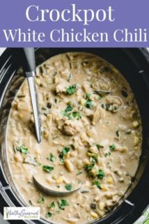 An overview into a crockpot filled with chicken chili