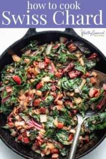 a skillet with sauteed swiss chard in it