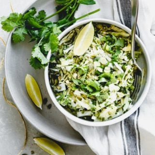 a close-up of mexican coleslaw overhead in a white bowl