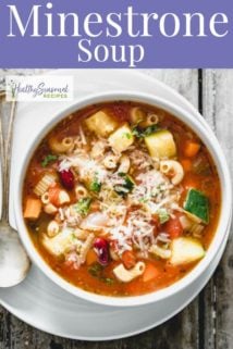 An overhead of minestrone soup with text overlay